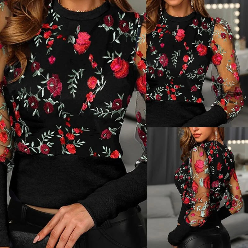 Geborduurde bloemenblouse met lange mouwen